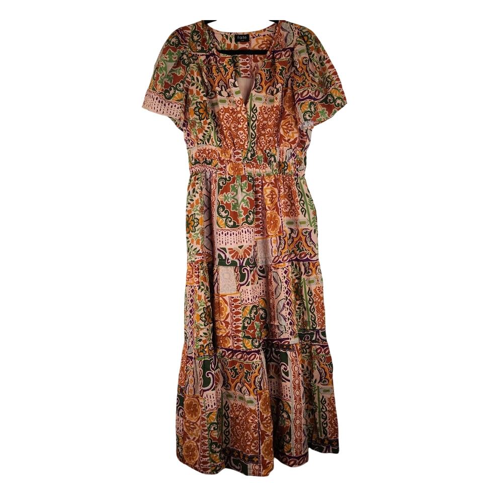 Fate Orange Brown Bohemian Midi Dress Women's Large Lined Mediterranean